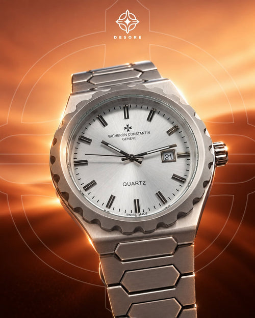 Silver watch in orange editorial setting, side view