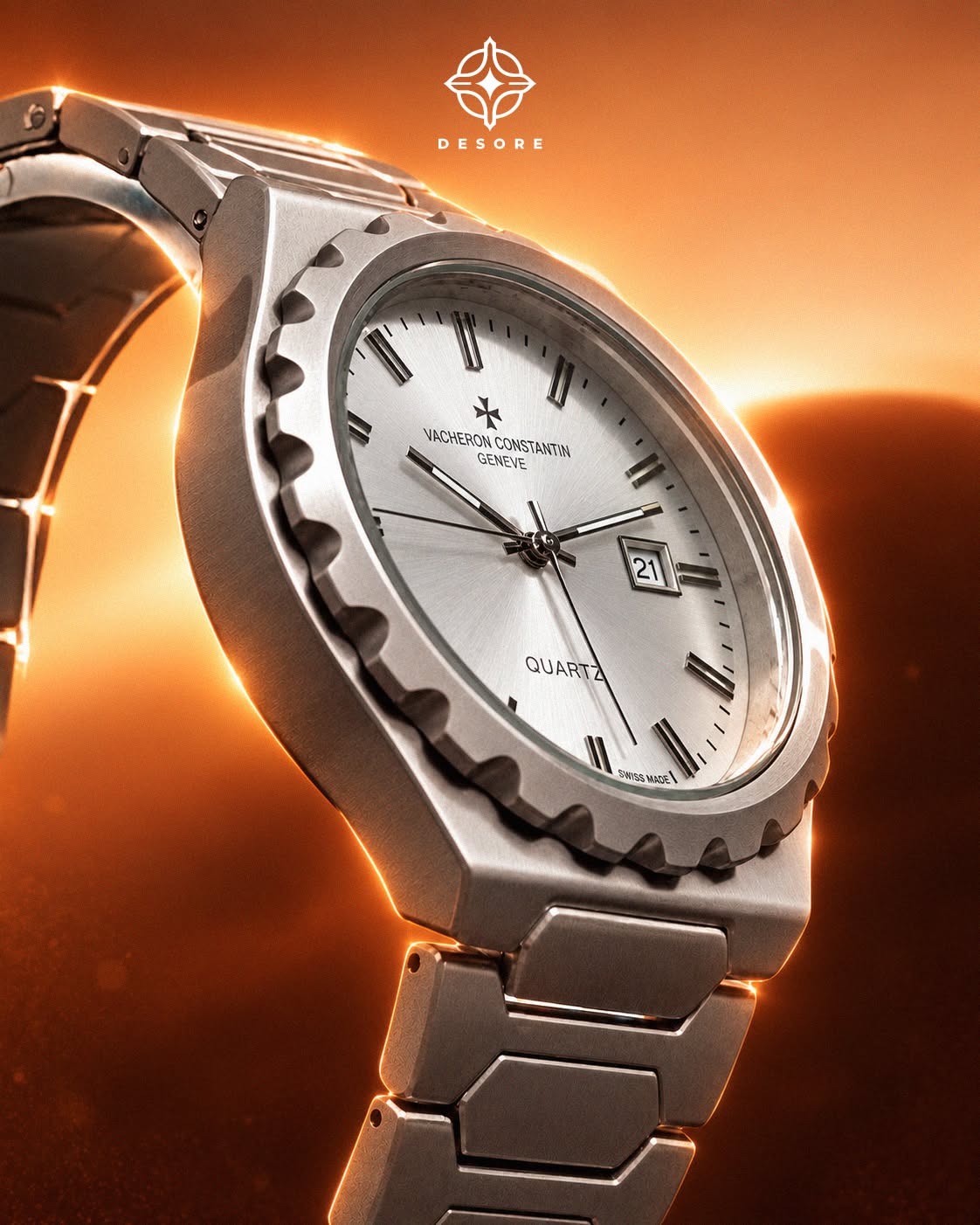 Silver watch in orange editorial setting, alternate view
