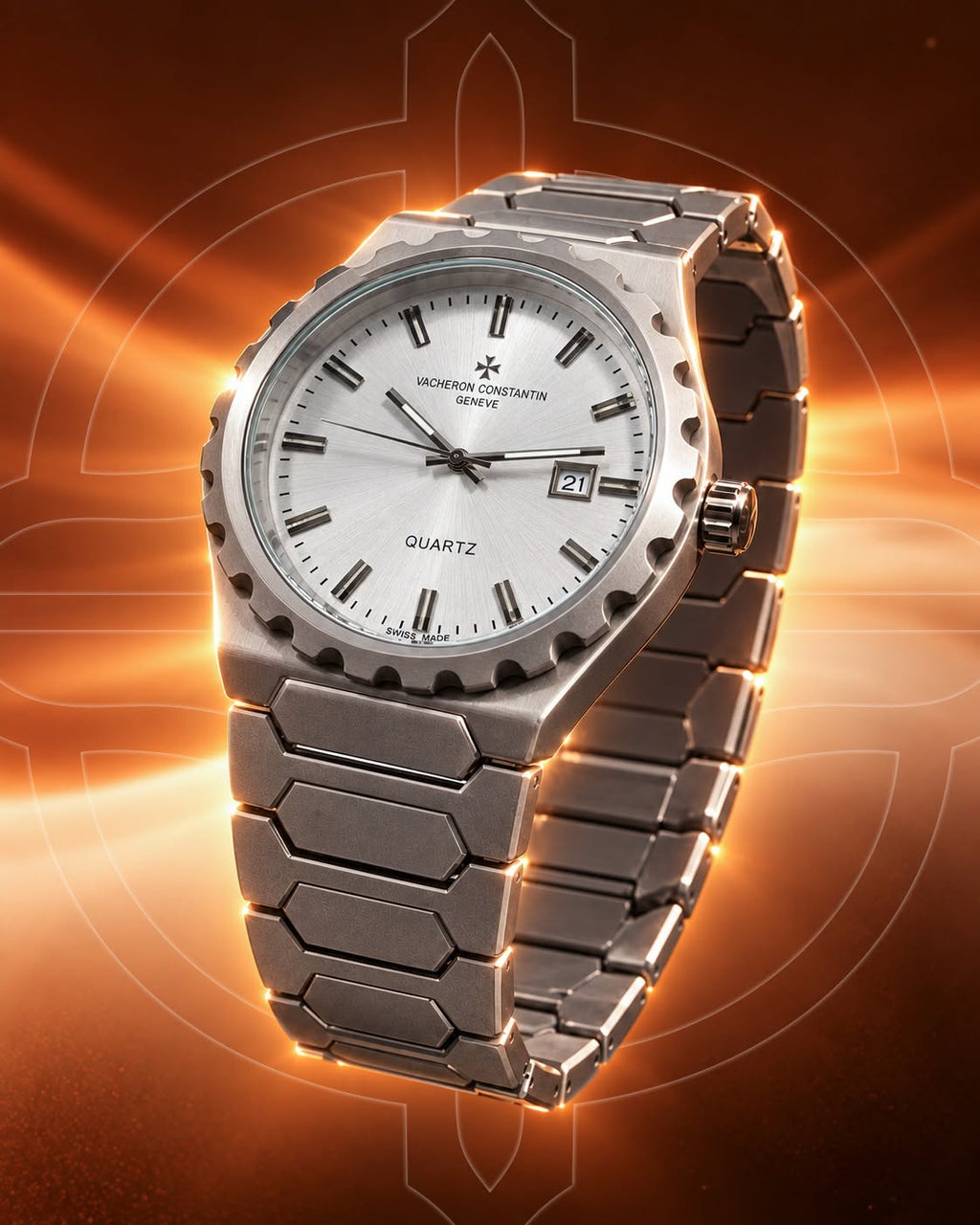 A silver-toned stainless steel wristwatch with a textured bezel, silver dial, and matching metal link bracelet, shown against a glowing orange and brown abstract background.
