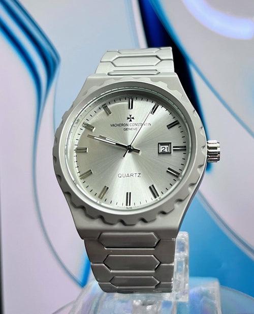 Front view of silver-dial inspired watch with visible dial markings