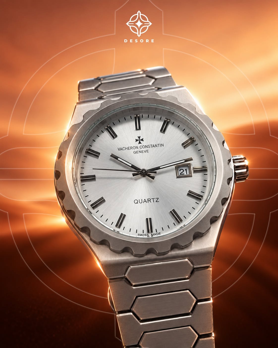 Silver watch in orange editorial setting